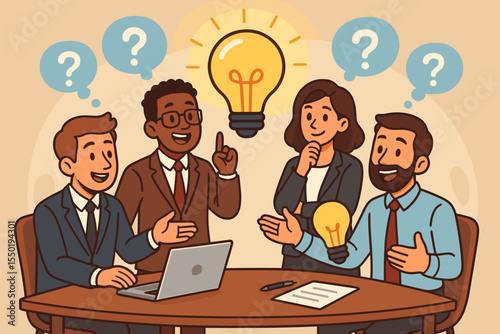 Diverse business team brainstorming in a meeting, collaborating on creative ideas. Concept of innovation, teamwork, problem solving and finding an optimal solution for success.