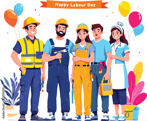 Labour Day Celebration Symbol Featuring a Group of Five Professionally Diverse Individuals in Uniforms, Holding Tools of Their Trade—Including a Mechanic, Construction Worker, Electrician, Technician,