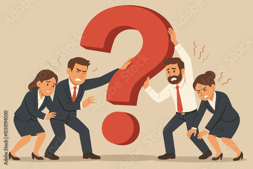Teamwork concept of business people struggling under the weight of a giant red question mark. Metaphor for business crisis, a big problem, challenge, doubt, and professional stress.