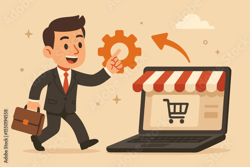 Businessman launching online shop startup, pressing gear settings button to activate e-commerce platform, business launch, digital store setup, startup concept vector illustration