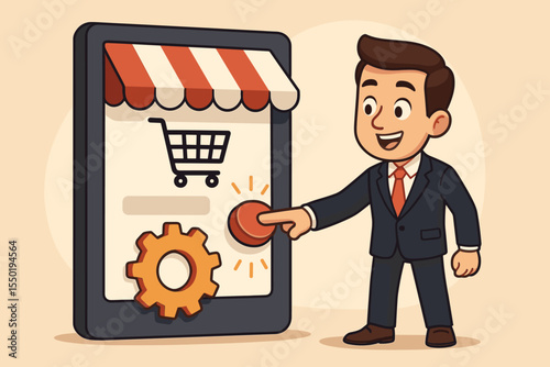 Businessman launching a new e-commerce startup. Entrepreneur pressing a button on a tablet to activate his online shop. Concept for new business venture and digital storefront.