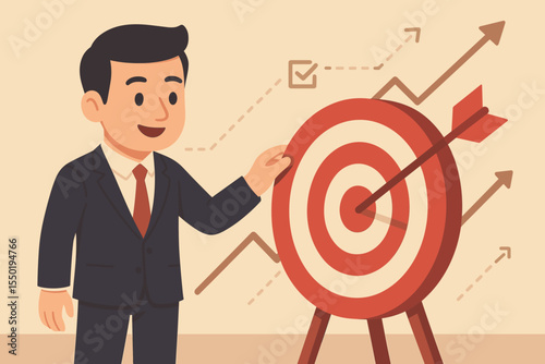 Businessman achieves a business goal with a target and arrow in the bullseye. Metaphor for success, strategy, mission, objective, and career growth. Vector cartoon illustration.
