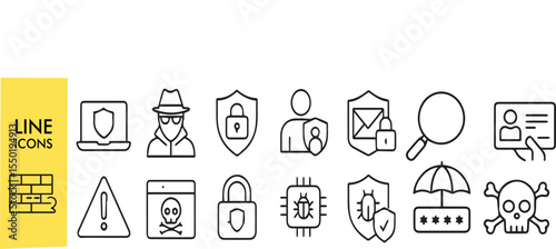 Cyber Security Icons Set - Line Style Protection Symbols (Password, Fingerprint, Encryption