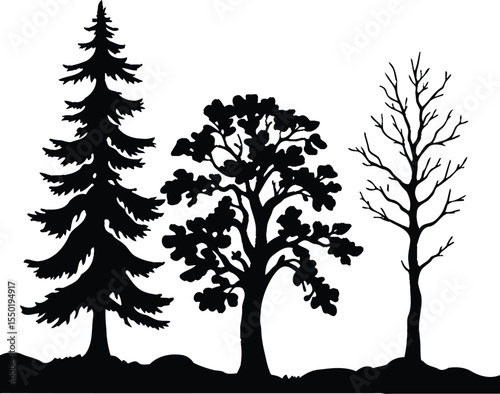 Tree Evolution Silhouette Symbol Set Featuring Three Contrasting Tree Forms: A Leafless Deciduous Tree with Exposed Branches Representing Dormancy or Winter, a Fully Leafed-Out Canopy Tree Signifying 