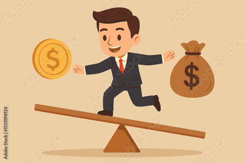 Businessman balancing on seesaw between money bag and coin. Financial management and budgeting concept. Metaphor for weighing income vs expenses, profit vs cost, revenue, and debt.