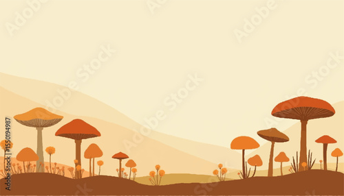 Stylized Minimalist Mushroom Landscape in Warm Orange Tones