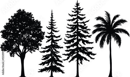 Tree Diversity Silhouette Symbol Set Featuring Four Unique Tree Forms: A Broadleaf Canopy Tree, Two Distinct Coniferous Trees with Layered Branches, and a Tall Palm Tree with Fan-Shaped Fronds