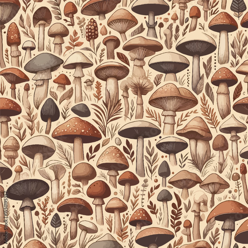 Vintage Botanical Mushroom Pattern in Earthy Tones