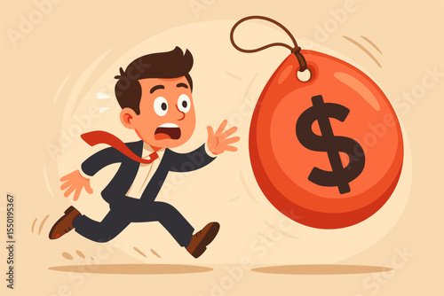 Businessman Running From Giant Dollar Price Tag Symbolizing Rising Costs, Inflation, Financial Crisis, Economic Pressure, Debt, Money Stress, Cartoon Vector Illustration, Finance Concept