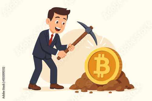 Businessman excavating Bitcoin with a pickaxe. Metaphor for cryptocurrency mining and digital asset acquisition. Financial investment in blockchain technology. Vector cartoon illustration.