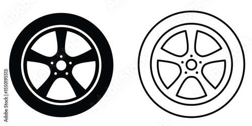Car wheel design illustration showing two variations, one filled in black and the other using a line drawing