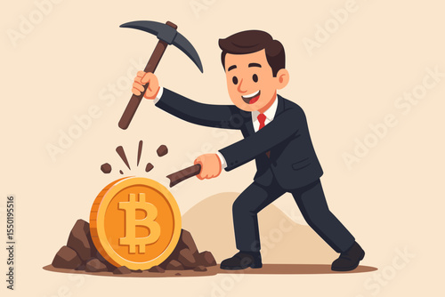 Businessman mining bitcoin with pickaxe. Cartoon vector concept of cryptocurrency mining, digital asset acquisition, blockchain technology, and financial investment for profit.