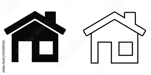 Two simplistic house icons, one solid black and one outline, against a white background