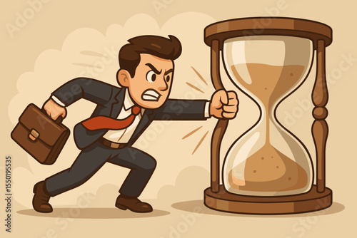 Angry businessman punches an hourglass, fighting against time. Concept of deadline, pressure, stress, and urgency in business. Time management challenge and project race metaphor. Vector illustration.