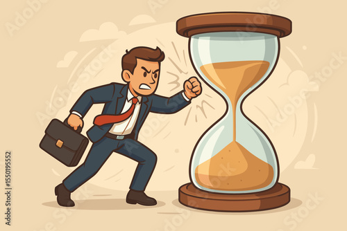 Time management failure concept. Angry businessman with briefcase punching an hourglass. Metaphor for deadline pressure, project urgency, stress and struggle. Vector cartoon character.