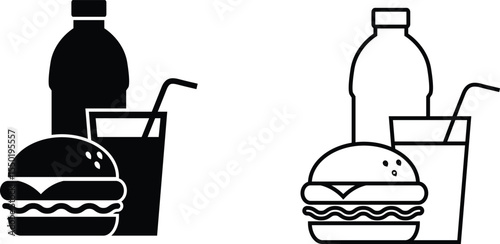 Hamburger, drink in glass, and bottle presented as a dual icon illustration on a white background