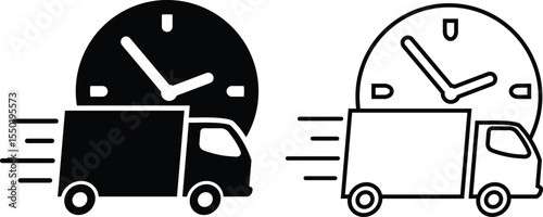 Fast delivery icon illustration showcases delivery truck with clock in black and white