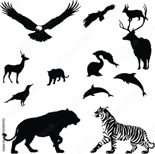 Silhouetted Wildlife Symbol Set Featuring Eight Distinct Animal Outlines Including an Eagle, Hawk, Deer, Bear, Crane, Dolphin, Tiger, and Antlered Stag—Representing Biodiversity, Strength, and Natural