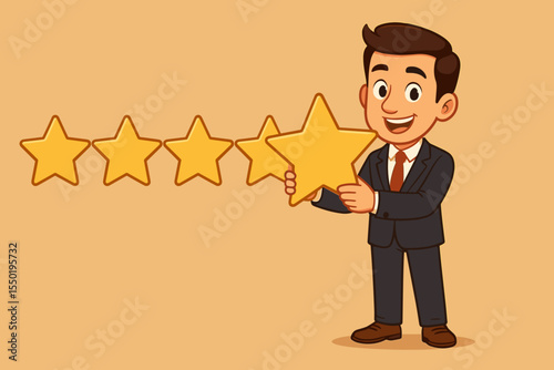 Businessman holding a gold star to give a five-star rating. Customer review and satisfaction concept. Positive feedback, high quality service, and business success cartoon vector.
