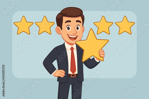 Businessman holding a gold star for a five-star rating. Customer review and feedback concept. High satisfaction for excellent service and best quality. Success achievement vector.