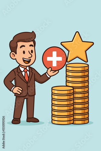 Businessman adding value concept. Man holding plus sign for financial growth and profit increase. Cartoon character with money coins and star representing successful investment.