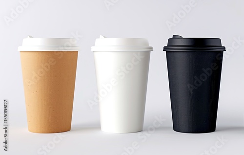 Minimalist image of three disposable coffee cups in brown, white, and black with matching lids, isolated on a clean white background.