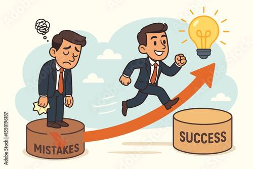 Learning from mistakes to achieve success. Business concept of overcoming failure, resilience, and growth. Cartoon man on path from problem to solution with a bright idea. Motivation.