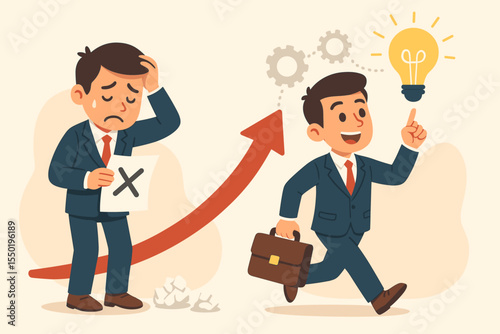 Businessman learning from past mistakes, developing new ideas for success, overcoming failure, achieving growth and progress. Cartoon vector.