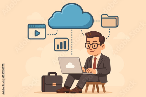 Businessman leveraging cloud computing technology on laptop for efficient remote work. Concept of data management, file storage, synchronization, analytics, and cloud server access. Vector