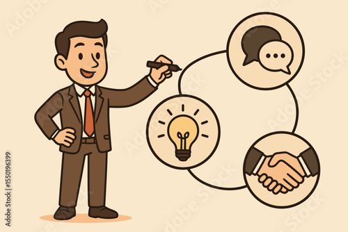 Businessman linking idea, communication, and partnership for success. Business strategy for problem solving. Concept for brainstorming, innovation, workflow, and collaboration. Vector.