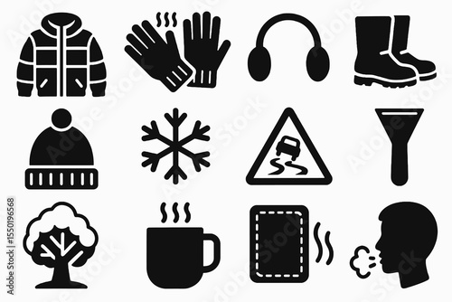 Winter icon collection with clothing, snow, slippery road, boots, hot drink, and cold weather elements.