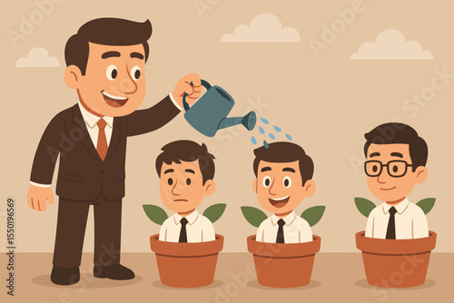 Businessman manager watering employees in pots. Business metaphor for talent development, career growth, human resources. Leader nurturing potential, investing in staff, mentorship.