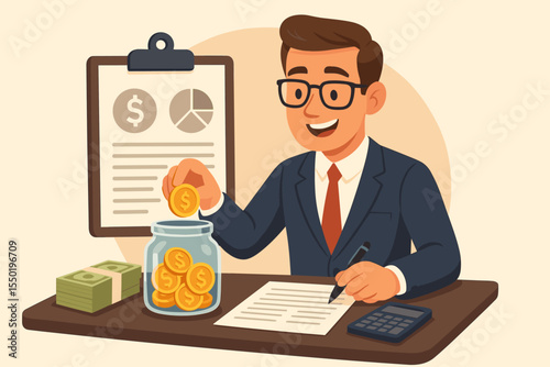 Smiling businessman managing personal finances, saving money in jar, budget planning, financial management, calculating expenses, money savings concept, cartoon vector office illustration