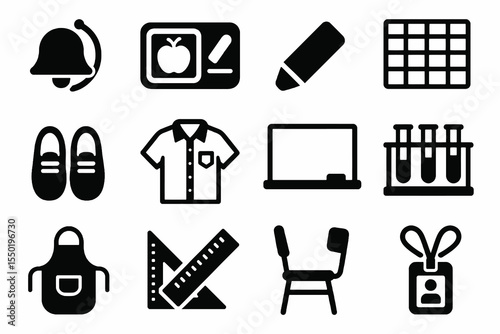 Set of school icons including lunch card, classroom tools, ID badge, test tubes, desk, shoes, and apron in black flat design.