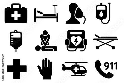 Emergency and medical icon set with CPR, defibrillator, IV bag, stretcher, helicopter, and hospital kit in solid black style.