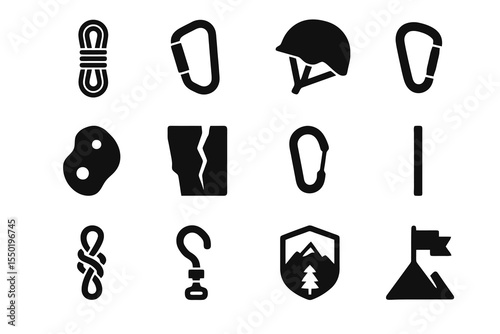 Rock climbing and mountaineering icon set including carabiners, ropes, harness, crack, and summit flag in bold silhouette style.