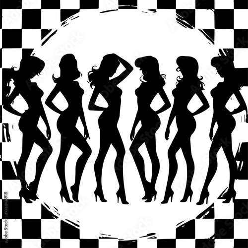 Silhouettes of six women in sensual seated and kneeling poses, shown in profile and three-quarter views. Each figure features long flowing hair and curvy outlines on a white background.

