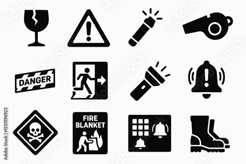 Emergency symbols including exit door, danger signs, whistle, alert light, boots, fire system panel, and biohazard warning in bold style.