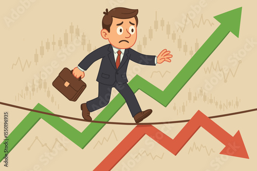 Businessman balancing financial market volatility and uncertainty, walking tightrope above rising green and falling red profit arrows, stock trading risks, success and failure, vector cartoon
