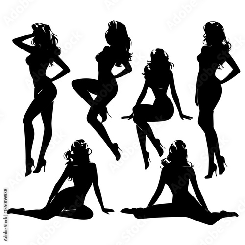 Silhouettes of six women in sensual seated and kneeling poses, shown in profile and three-quarter views. Each figure features long flowing hair and curvy outlines on a white background.

