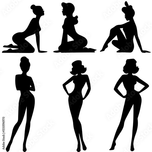 Silhouettes of six women in sensual seated and kneeling poses, shown in profile and three-quarter views. Each figure features long flowing hair and curvy outlines on a white background.

