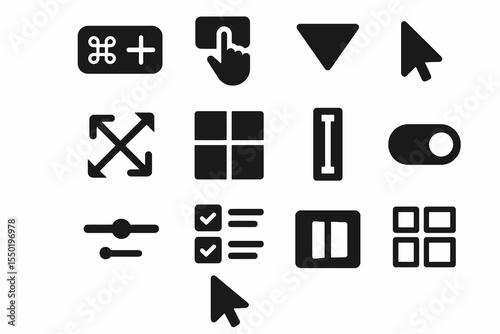 Basic user interface icons in solid black showing controls, cursor, sliders, toggles, layouts, and navigation arrows.