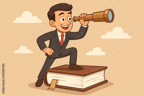 Ambitious businessman standing on book looking through telescope, searching for new opportunities, vision, leadership, education, career growth, cartoon vector illustration, success metaphor