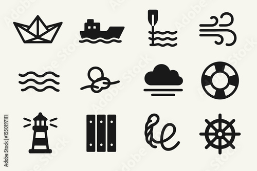 Nautical vector icon set featuring boat, ship, oar, wind, rope, lighthouse, dock, and life ring in simple black style.