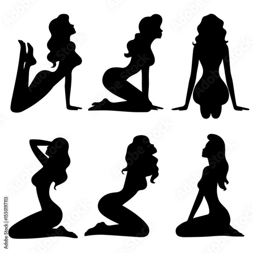 Silhouettes of six women in sensual seated and kneeling poses, shown in profile and three-quarter views. Each figure features long flowing hair and curvy outlines on a white background.

