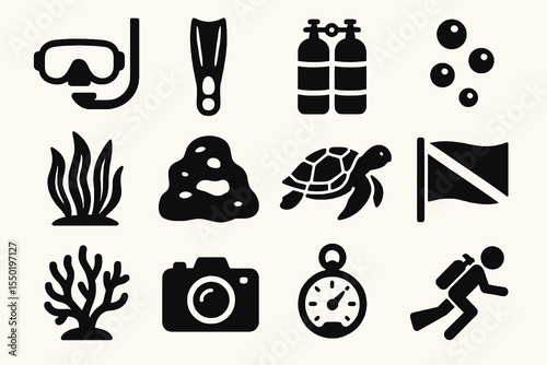 Underwater diving icons including snorkel, fins, tanks, turtle, camera, corals, stopwatch, diver, and dive flag.