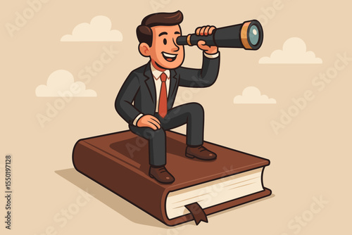 Businessman in suit sitting on giant book using telescope. Vision, leadership, opportunity search, business strategy, knowledge, future planning, guidance, motivation. Vector cartoon illustration
