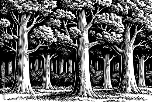 Sturdy maple tree with wide canopy and distinctive pointed leaves, a black and white sketch vector hand drawn