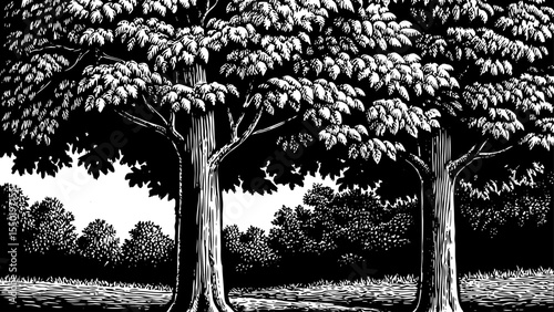 Sturdy maple tree with wide canopy and distinctive pointed leaves, a black and white sketch vector hand drawn