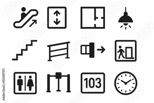 Building signage icons in black style including escalator, stairs, lamps, toilet, room number, and exit signs used for interior navigation systems.
